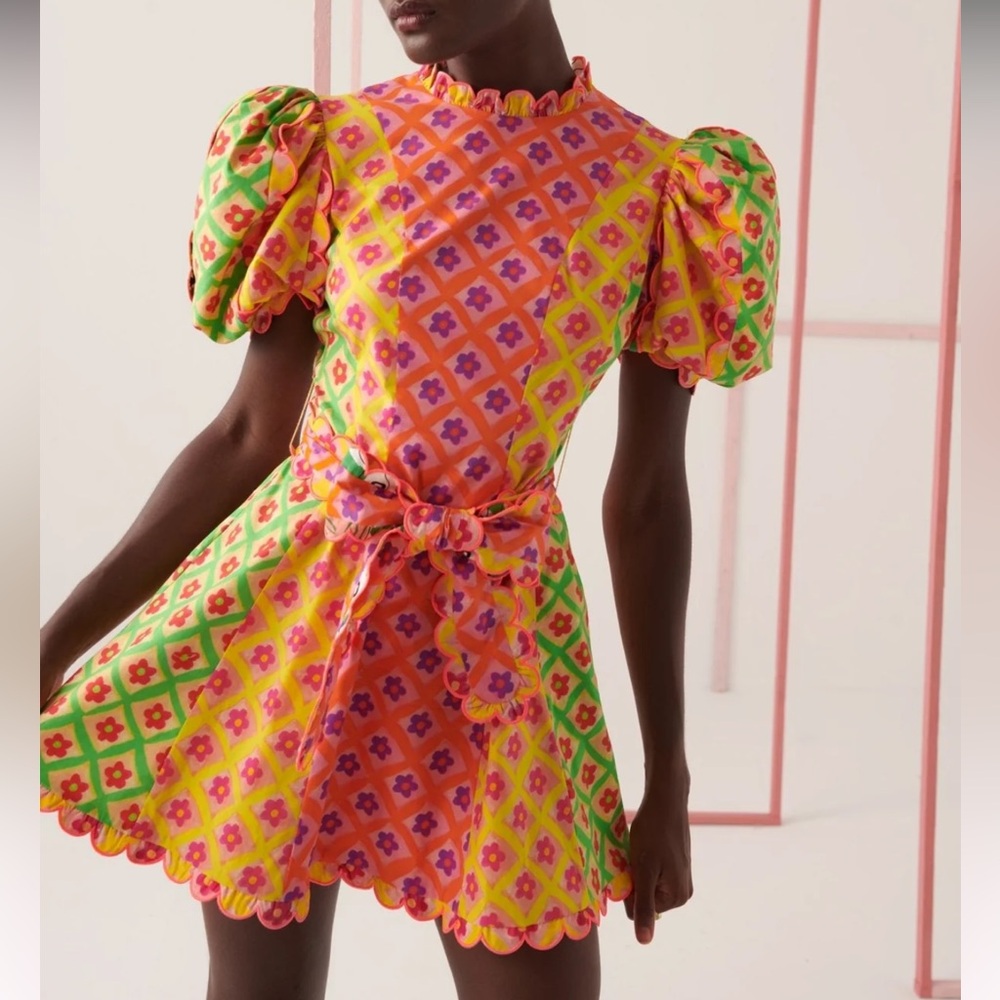 CeliaB Naruru Bright Multicolor Floral Puff-Sleeve Mini Dress Sz S Small